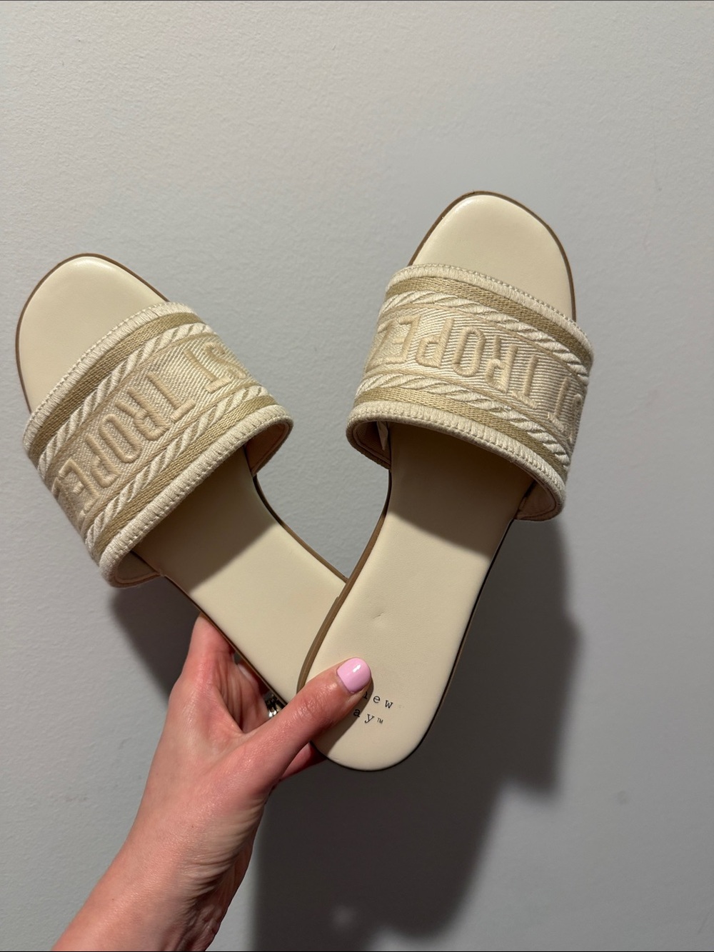 Universal Thread Neutral Cream Slide Sandals with Embroidered Strap